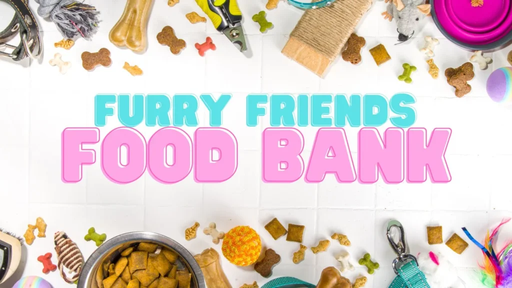 Furry friends food bank with pet food and supplies, providing assistance to animals in need.