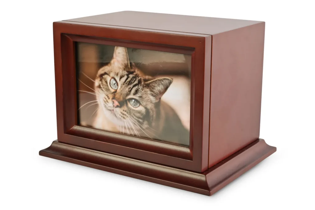 A wooden pet urn with a photo of a cat inside.