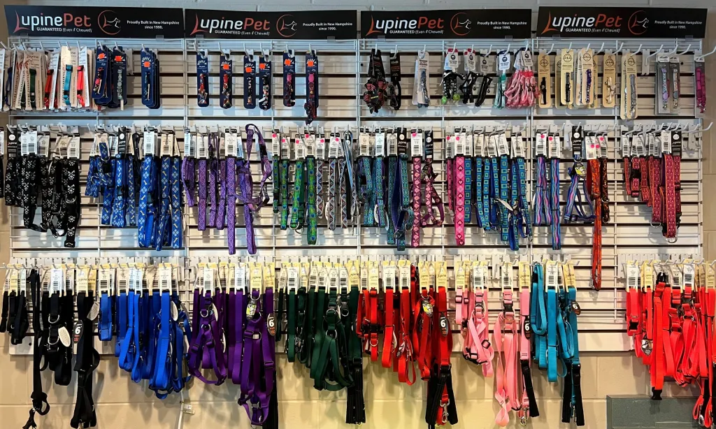 image of leashes, harnesses and collars from the brand lupine and pet safe